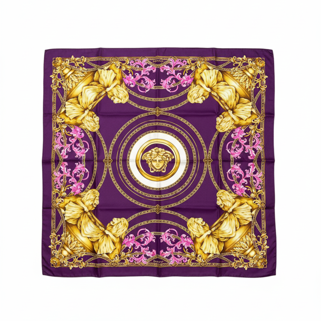 VERSACE silk scarf featuring ornate gold baroque motif available at Lestyle Boutique Melbourne
