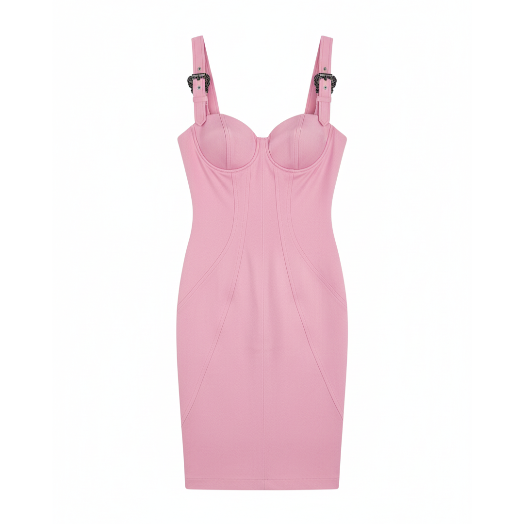 Versace Jeans Couture dress featuring pink satin, structured bodice, buckle straps available at Lestyle Boutique Melbourne