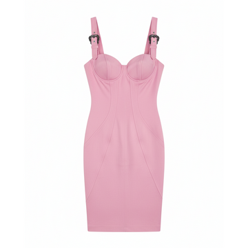 Versace Jeans Couture dress featuring pink satin, structured bodice, buckle straps available at Lestyle Boutique Melbourne
