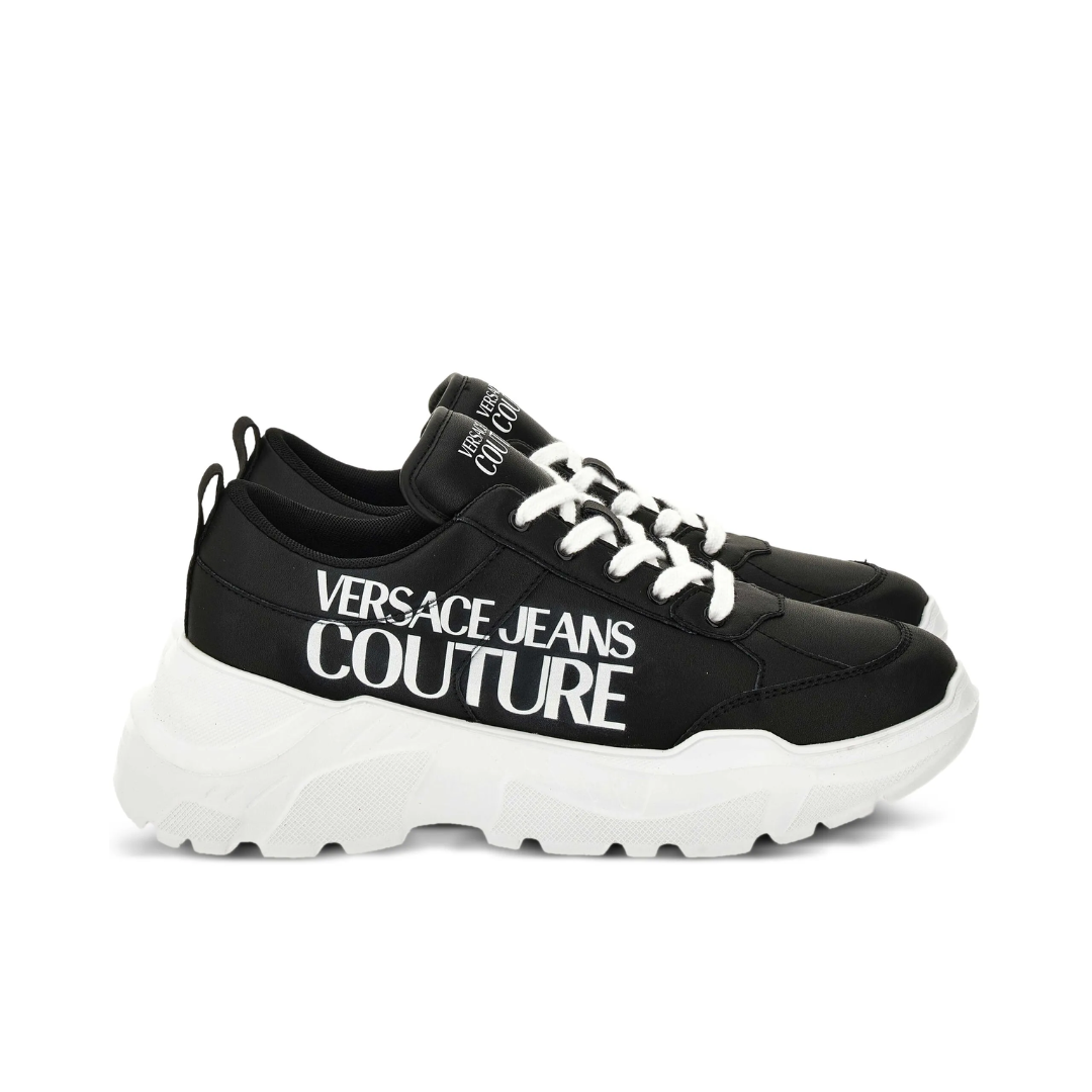 Versace Jeans Couture logo-print chunky trainers, black leather-look finish with a chunky sole, available at Lestyle Boutique Melbourne