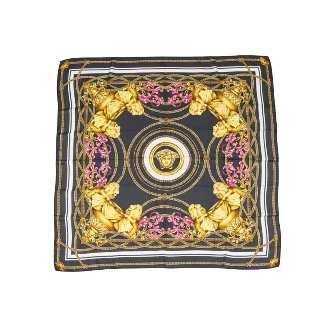 Versace silk scarf featuring ornate gold baroque motifs with pink accents available at Lestyle Boutique Melbourne