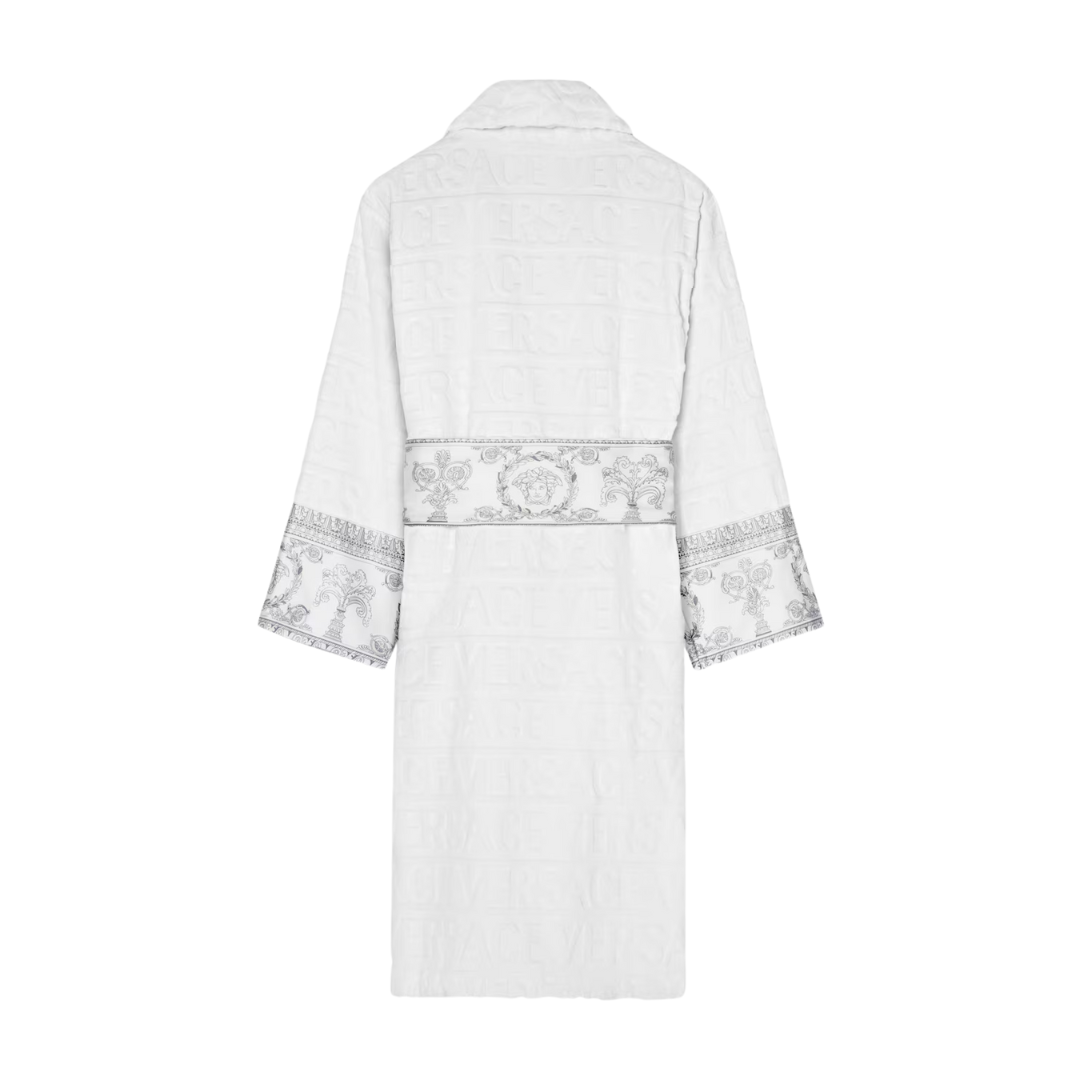 Versace bathrobe featuring tonal Versace Allover logo print with Barocco printed sleeve and wrap belt available at Lestyle Boutique Melbourne