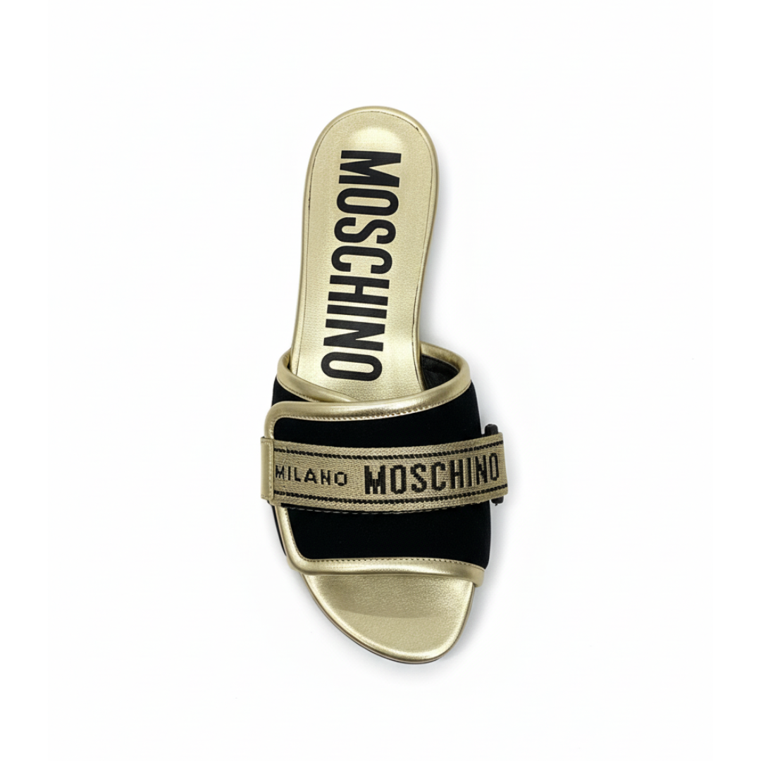 MOSCHINO slides featuring gold-tone logo strap available at Lestyle Boutique Melbourne