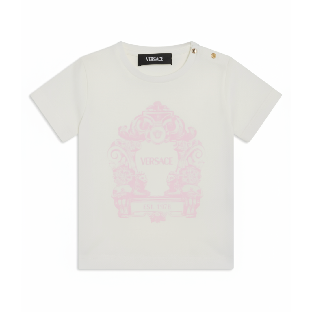 VERSACE T-SHIRT featuring pink crest graphic on white fabric available at Lestyle Boutique Melbourne