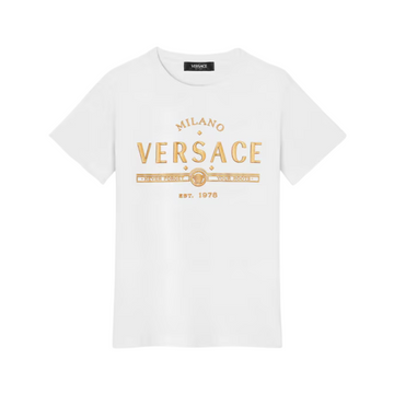 VERSACE T-SHIRT KIDS featuring a textured Versace Logo motif in glitter available at Lestyle Boutique Melbourne