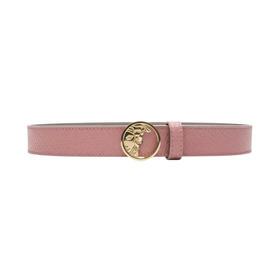Versace belt featuring medusa buckle and pink textured snake-print leather available at Lestyle Boutique Melbourne