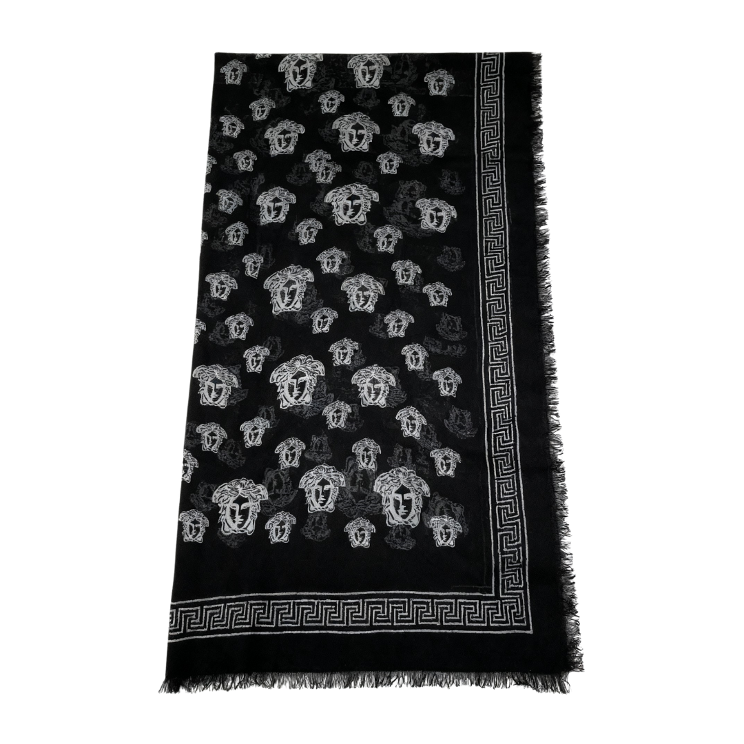Versace scarf with Medusa head motif and Greek key border, black, available at Lestyle Boutique Melbourne