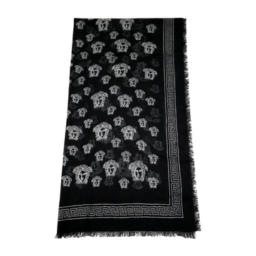 Versace scarf with Medusa head motif and Greek key border, black, available at Lestyle Boutique Melbourne