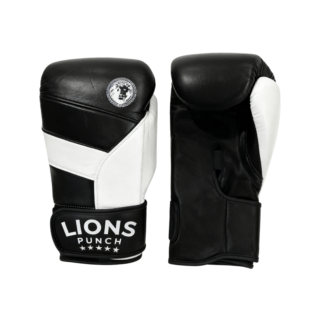 Lions Punch boxing gloves with black and white panels and wrist strap, available at Lestyle Boutique Melbourne