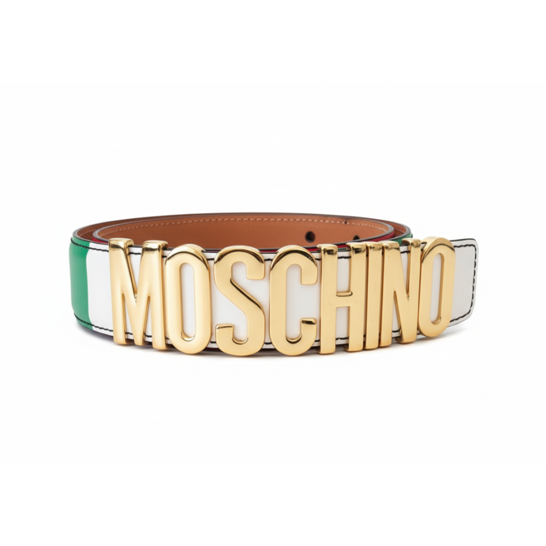 MOSCHINO belt featuring a gold logo buckle with a green-white-red strap, available at Lestyle Boutique Melbourne