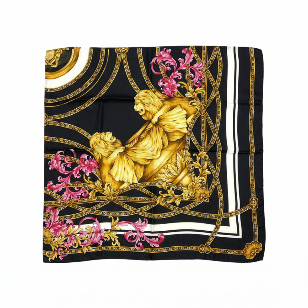 Versace silk scarf featuring ornate gold baroque motifs with pink accents available at Lestyle Boutique Melbourne