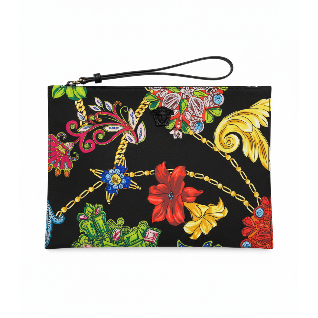 VERSACE CLUTCH featuring colorful baroque print available at Lestyle Boutique Melbourne