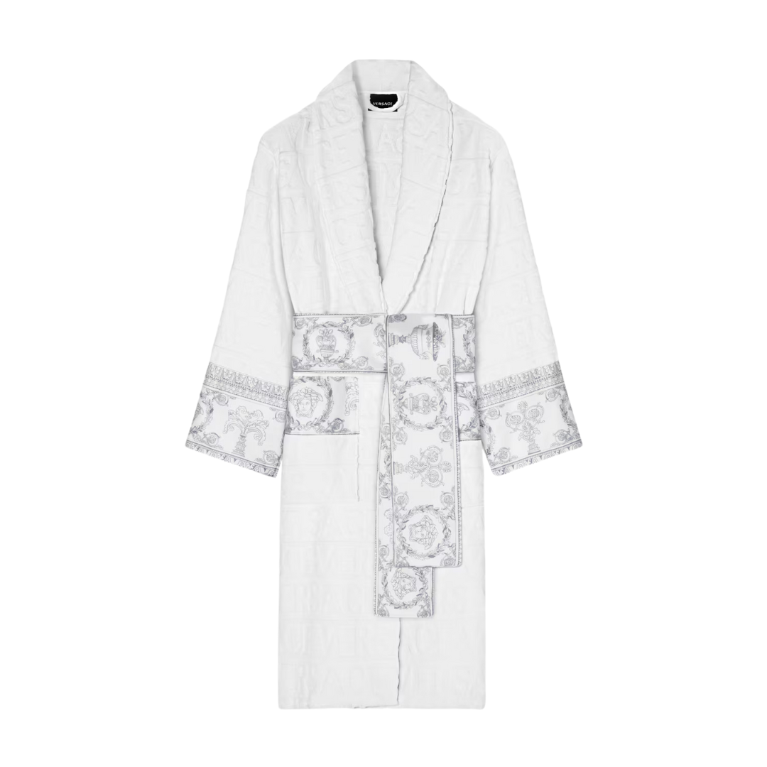 Versace bathrobe featuring tonal Versace Allover logo print with Barocco printed sleeve and wrap belt available at Lestyle Boutique Melbourne