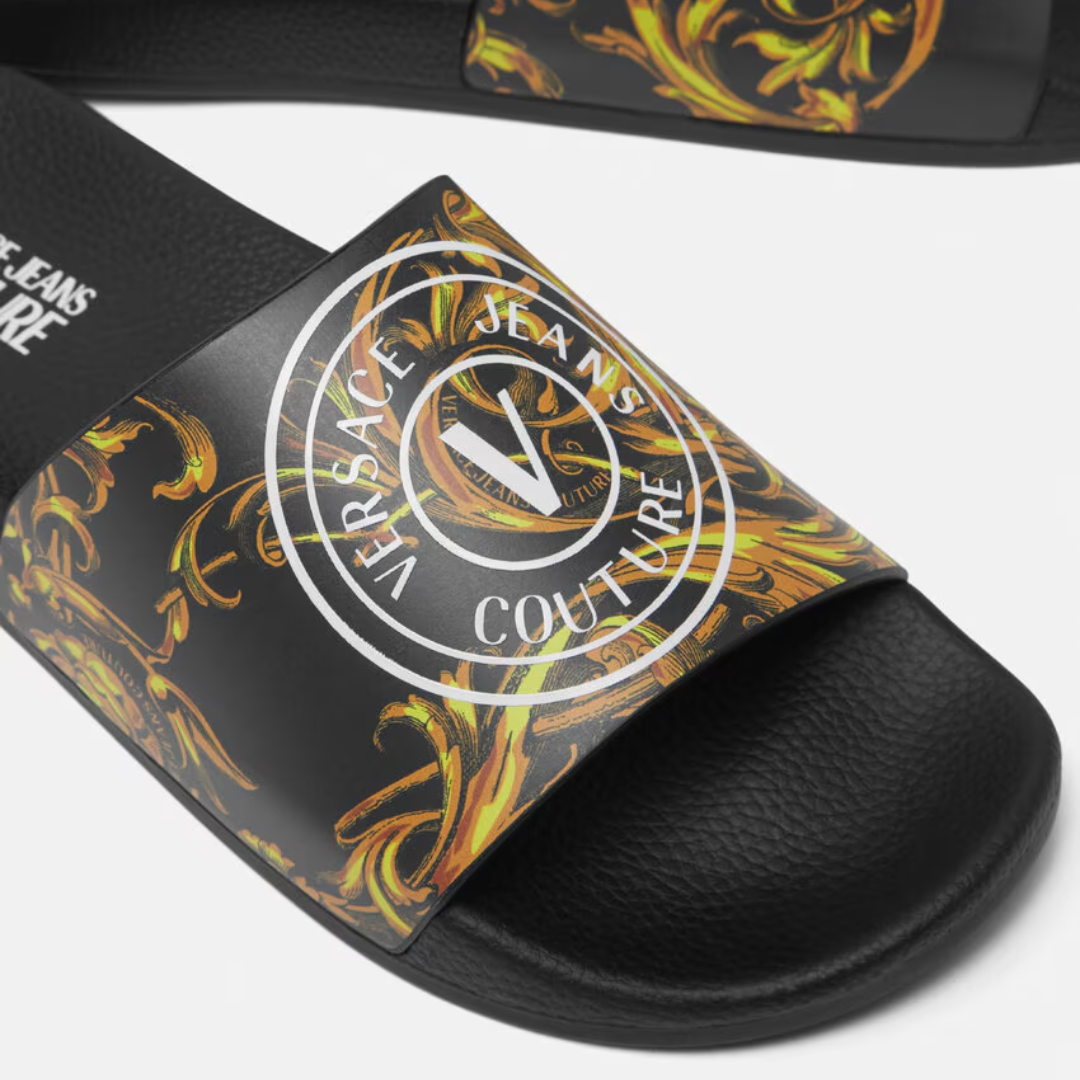 VERSACE JEANS COUTURE SLIDES featuring Watercolour Couture print on uppers with molded insoles available at Lestyle Boutique Melbourne