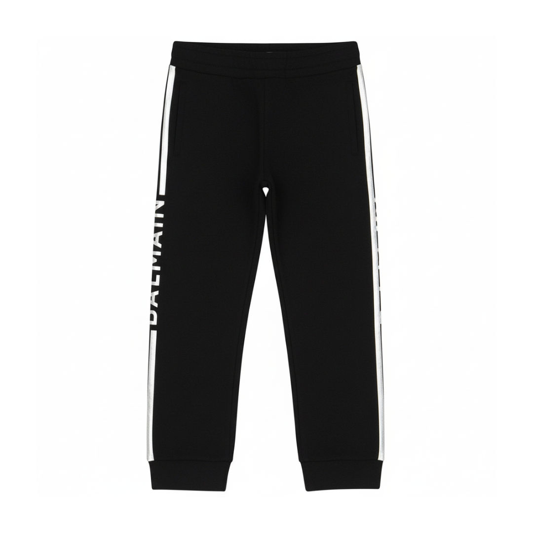 Balmain joggers featuring silver logo print and silver side trim available at Lestyle Boutique Melbourne