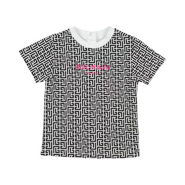 BALMAIN KIDS T-SHIRT featuring pink Balmain Paris logo on a black-and-white geometric pattern, available at Lestyle Boutique Melbourne
