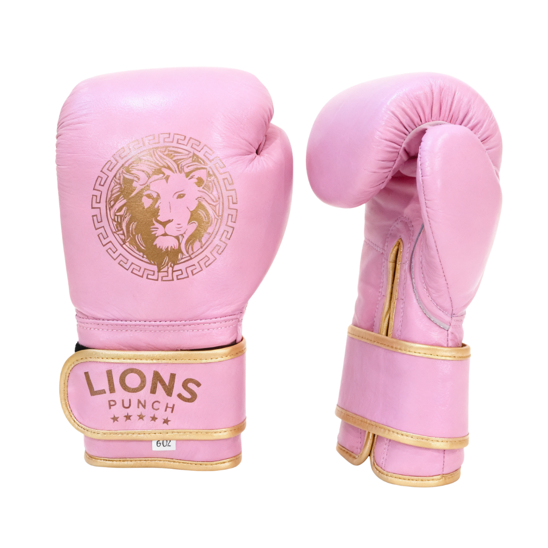 LIONS PUNCH boxing gloves featuring pink color with gold lion logo available at Lestyle Boutique Melbourne