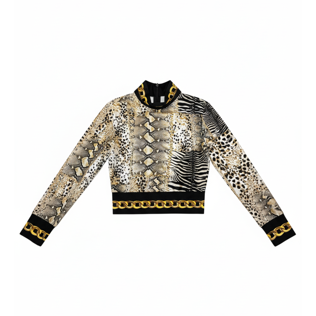 Roberto Cavalli Top featuring animal print and gold chain detail available at Lestyle Boutique Melbourne