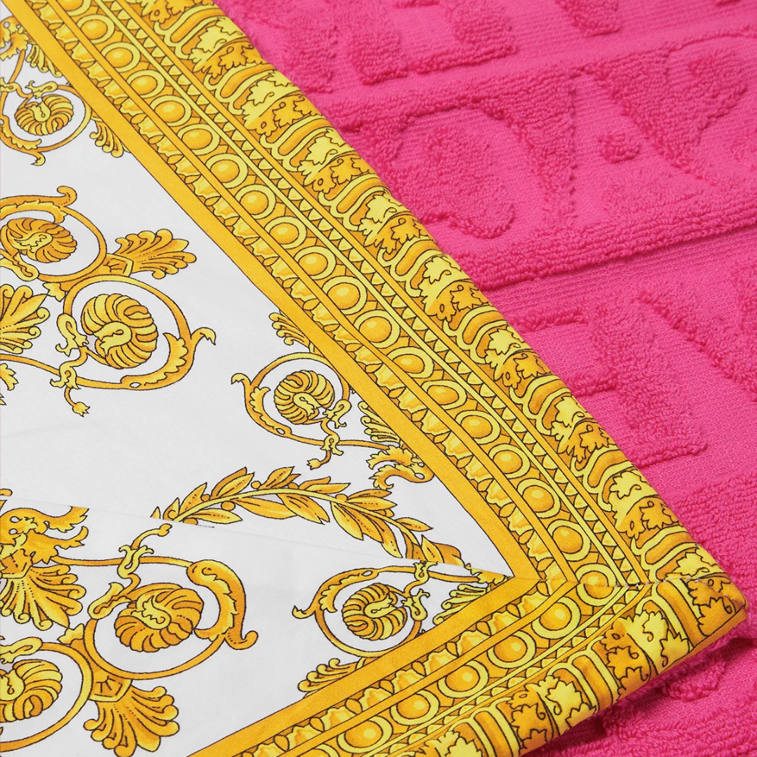 VERSACE beach towel featuring I♡ Baroque print and Versace allover motif, available at Lestyle Boutique Melbourne