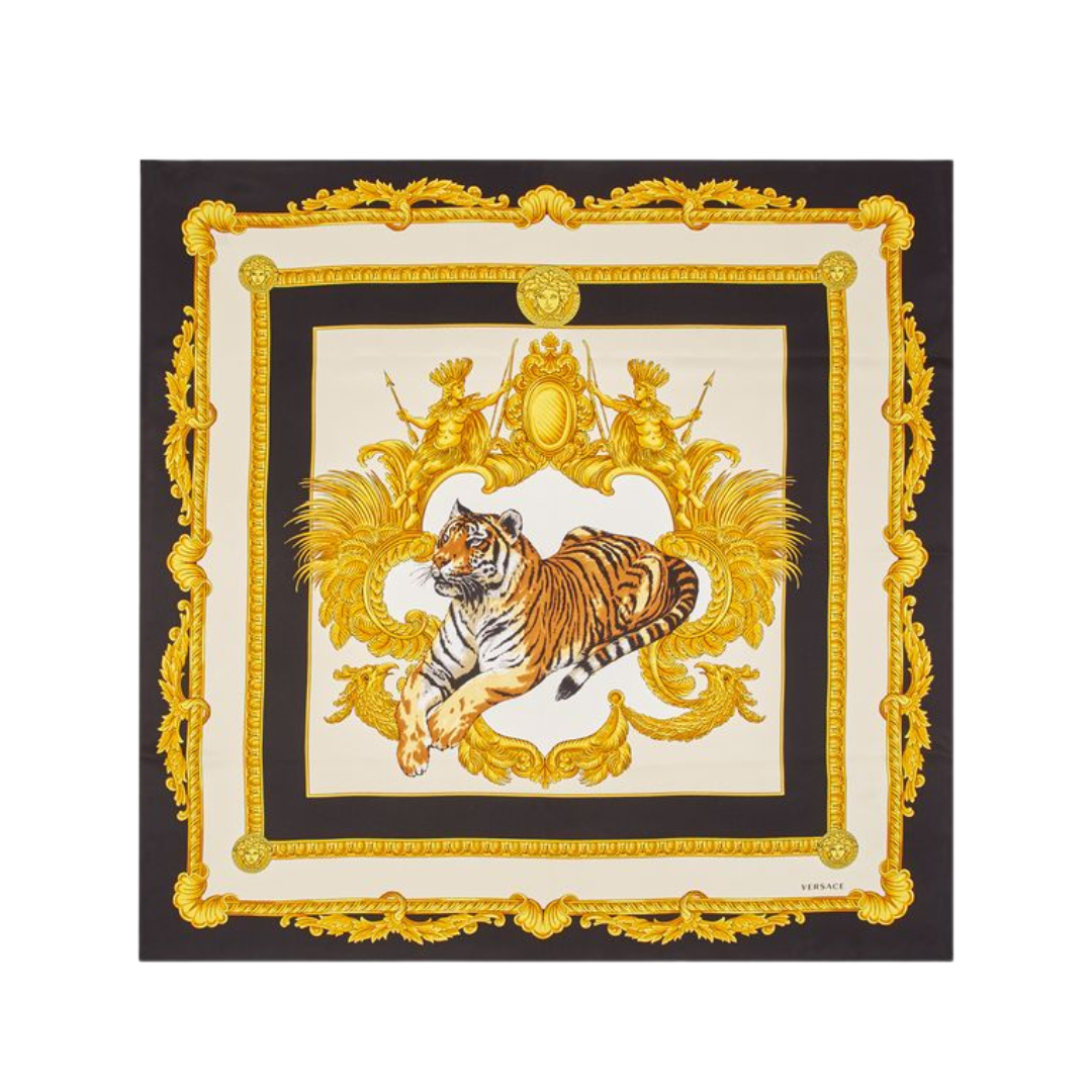 VERSACE SILK SCARF featuring tiger motif and ornate gold border available at Lestyle Boutique Melbourne