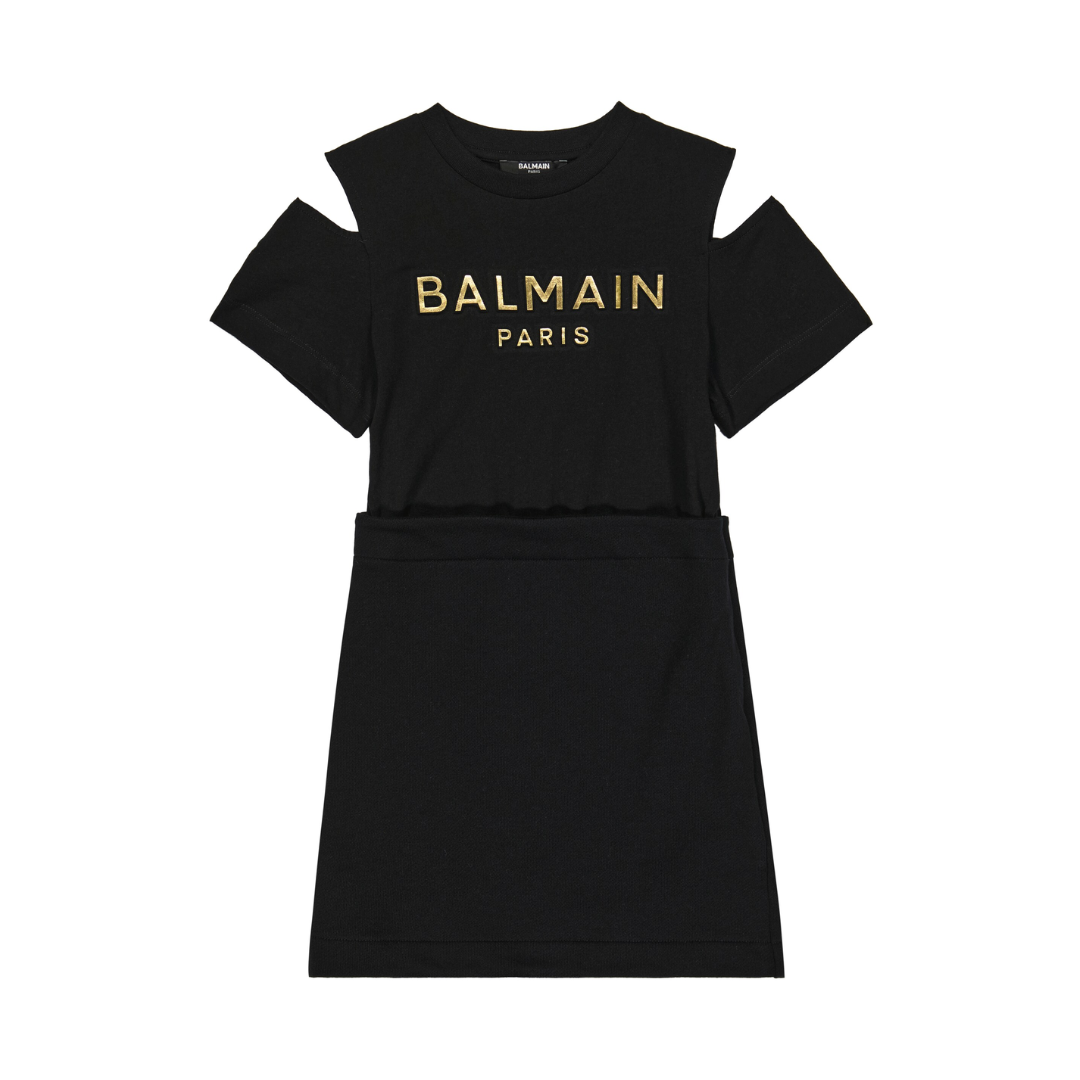 BALMAIN TSHIRT DRESS featuring cutout shoulders and front logo lettering, available at Lestyle Boutique Melbourne