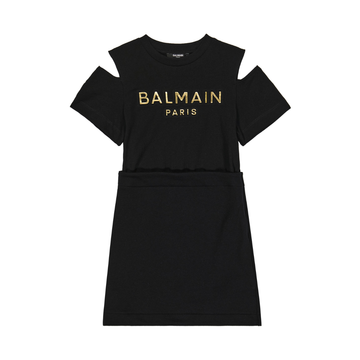 BALMAIN TSHIRT DRESS featuring cutout shoulders and front logo lettering, available at Lestyle Boutique Melbourne