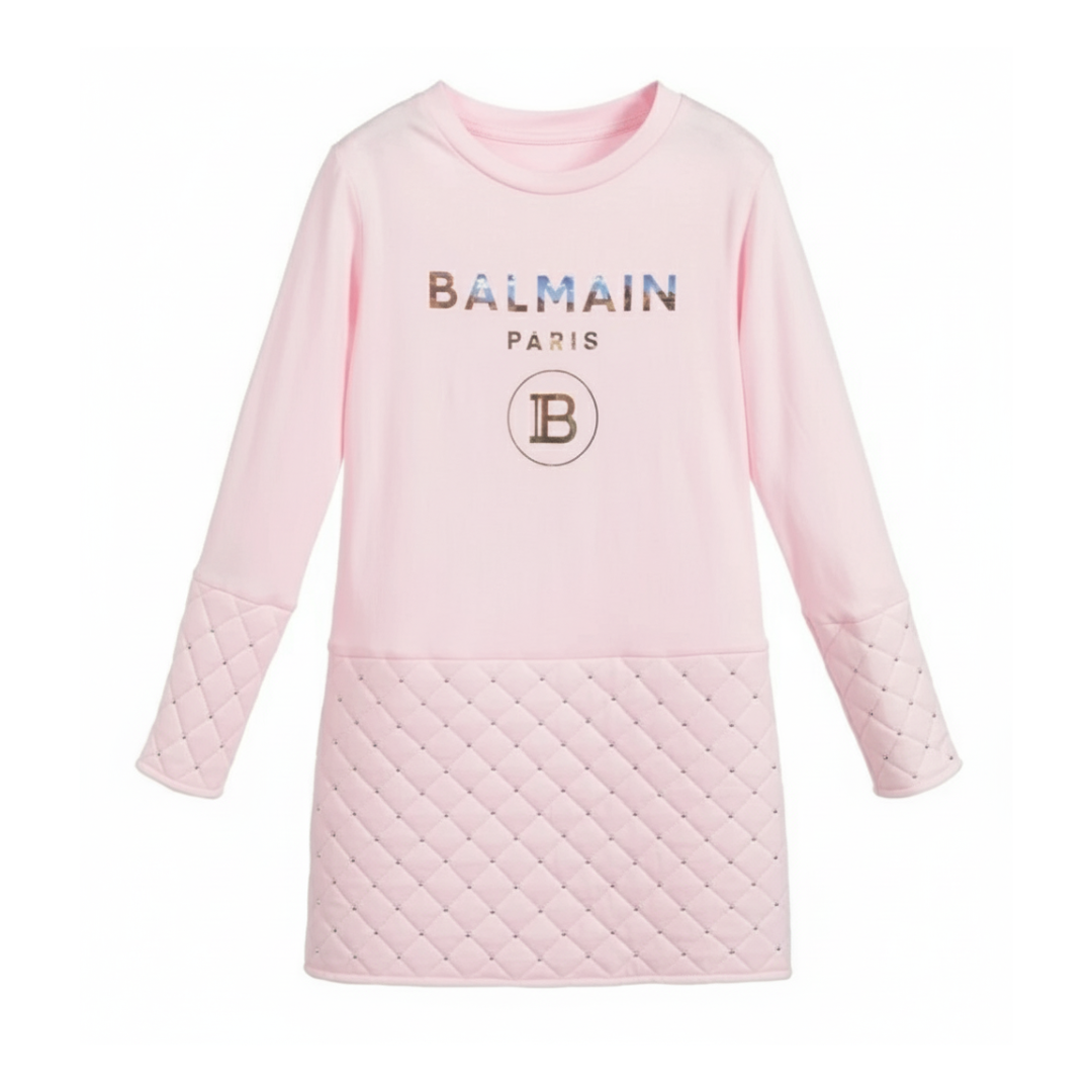 BALMAIN DRESS featuring quilted panels and metallic logo available at Lestyle Boutique Melbourne