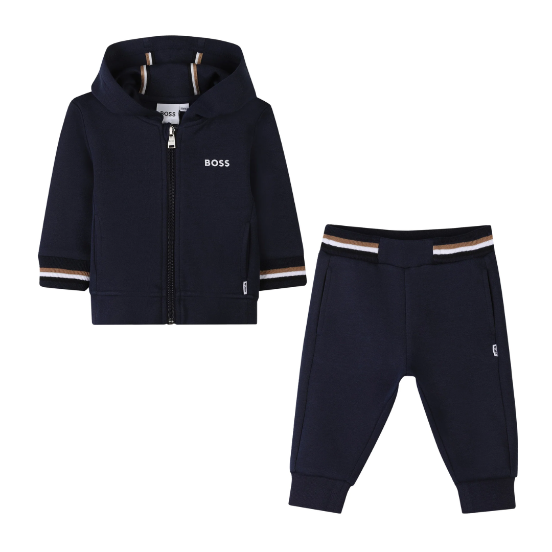 BOSS cardigan and trousers set featuring zip-front navy cardigan with striped cuffs available at Lestyle Boutique Melbourne
