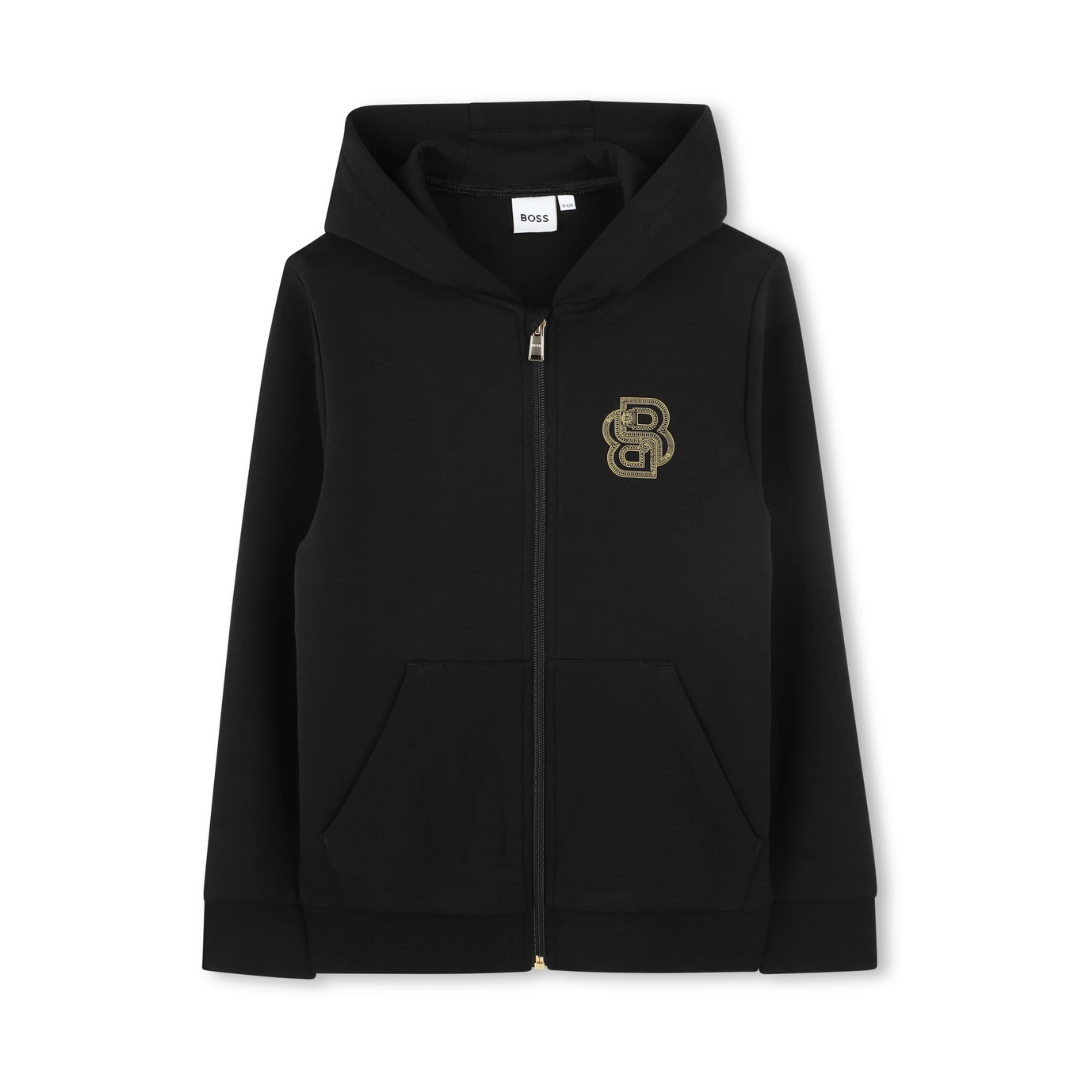 BOSS KIDS HOODIE featuring a gold logo embroidery on chest with zip front, black color available at Lestyle Boutique Melbourne