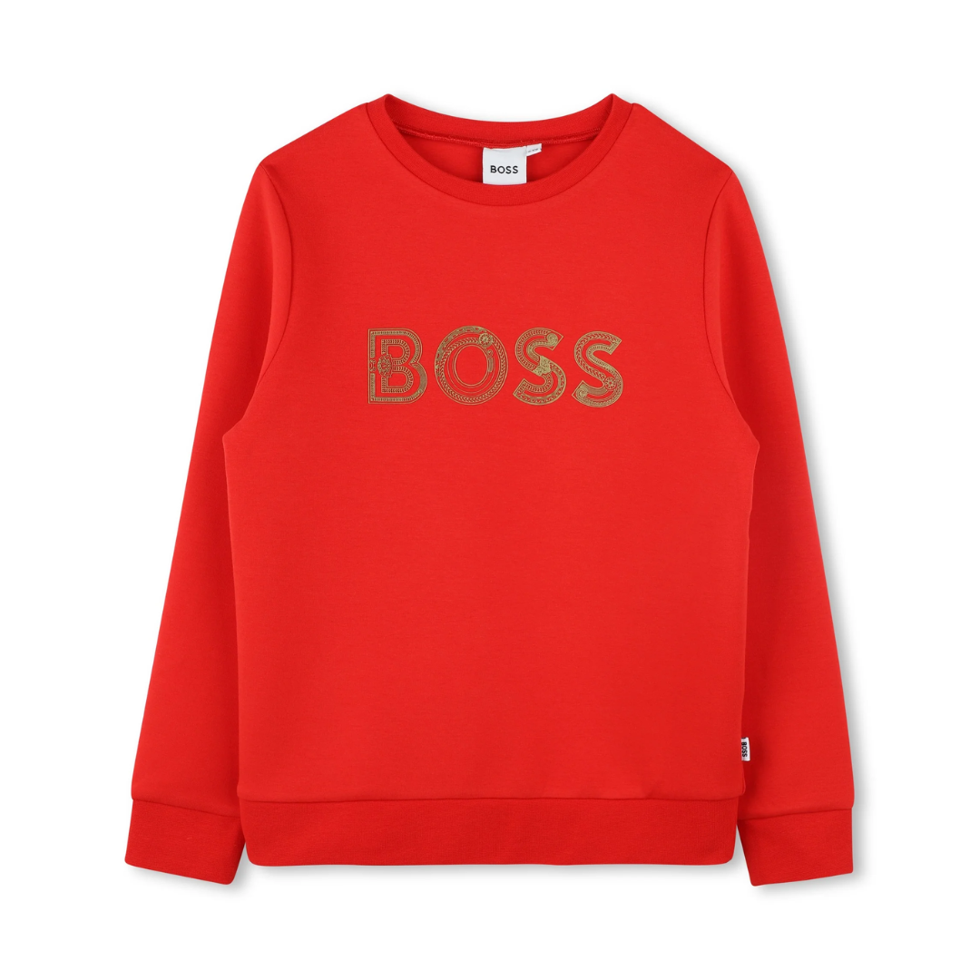 BOSS Sweatshirt featuring bold chest logo on red fabric available at Lestyle Boutique Melbourne