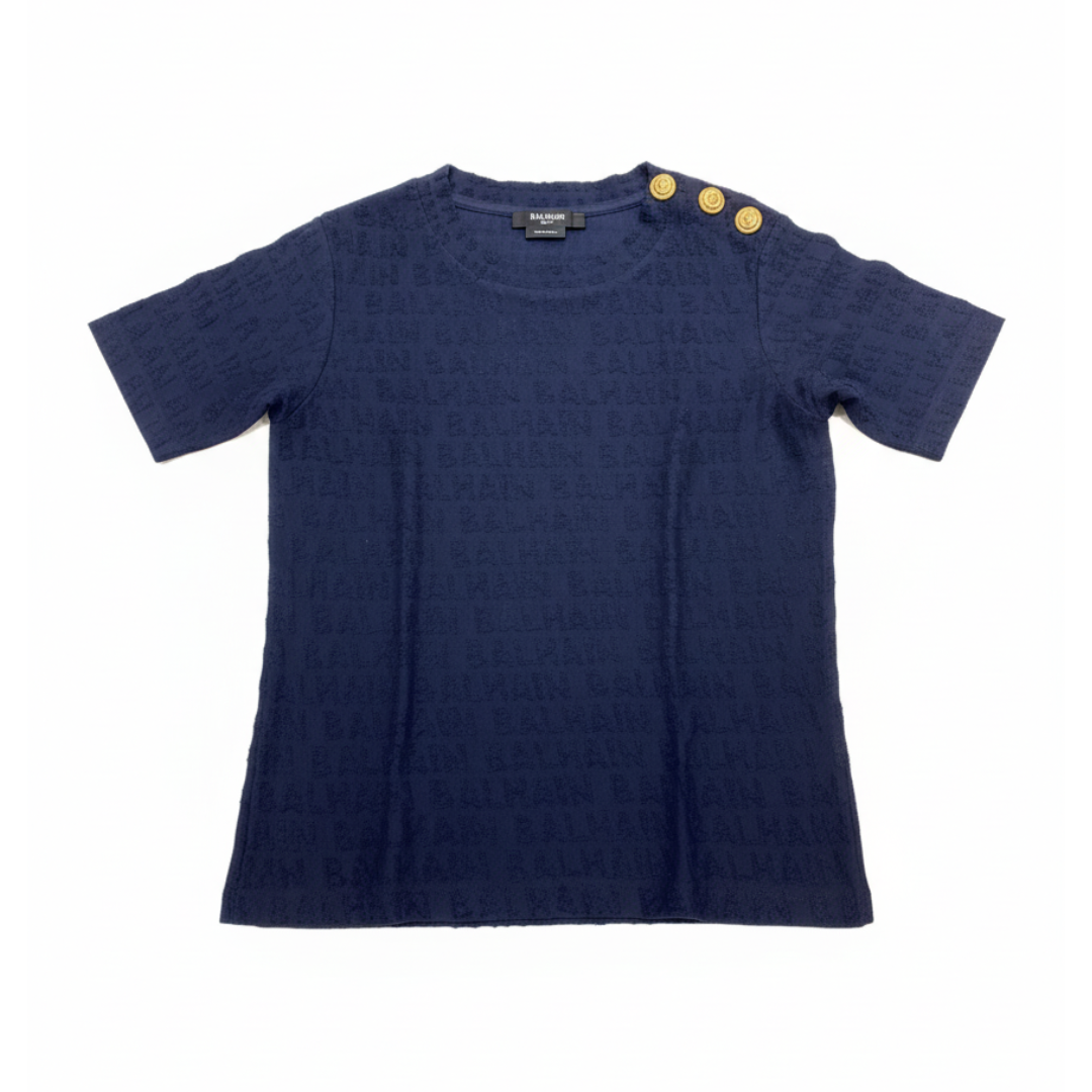 BALMAIN KNIT TOP featuring gold-tone shoulder crest buttons available at Lestyle Boutique Melbourne