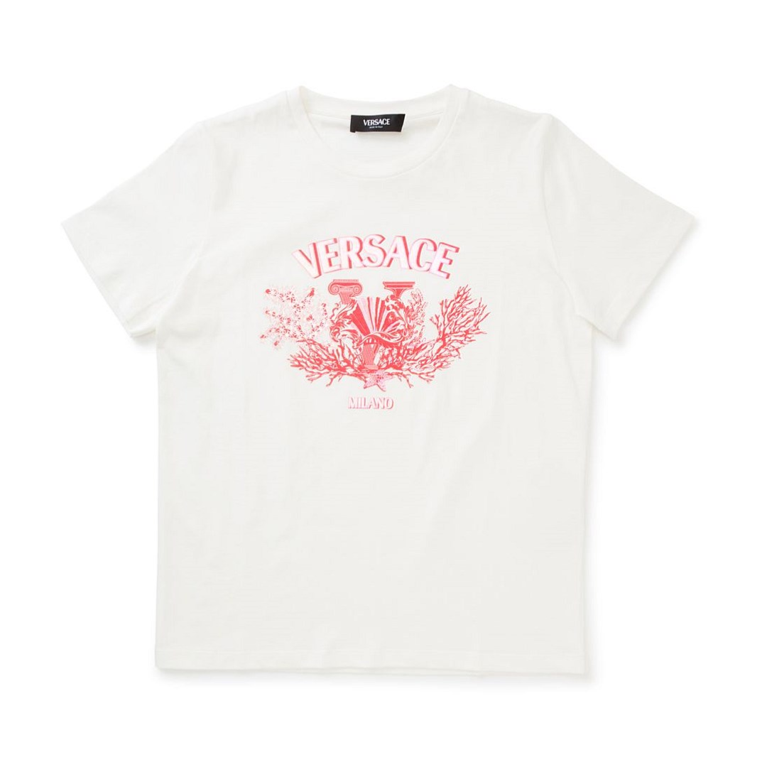 Versace Kids T-shirt jersey featuring logo Tresor in white with pink graphic, available at Lestyle Boutique Melbourne