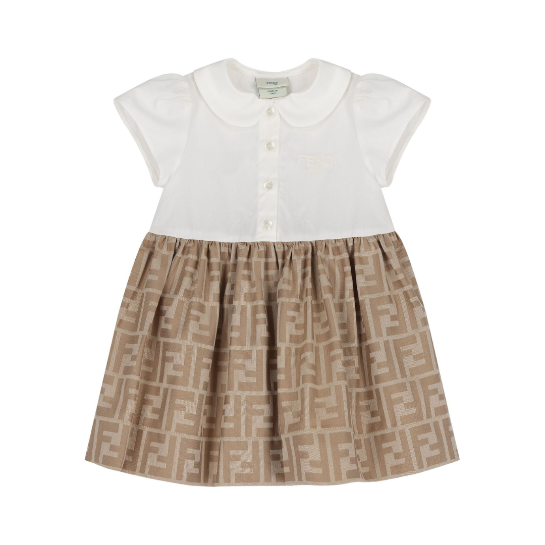 Fendi Baby Dress featuring white top and beige FF-logo jacquard skirt available at Lestyle Boutique Melbourne