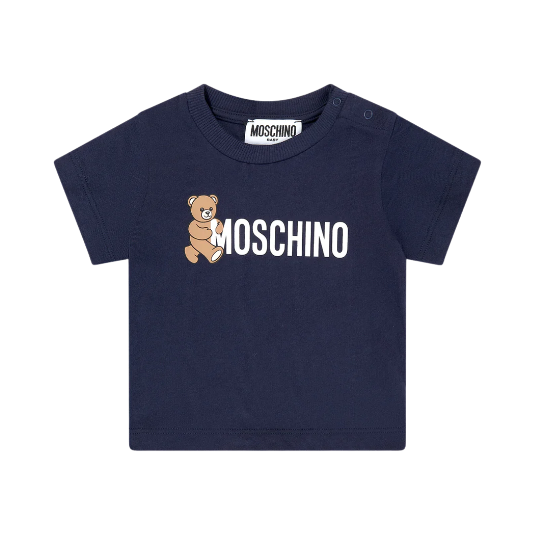 Moschino Baby Teddy Bear Logo T-Shirt featuring teddy bear graphic in navy, available at Lestyle Boutique Melbourne