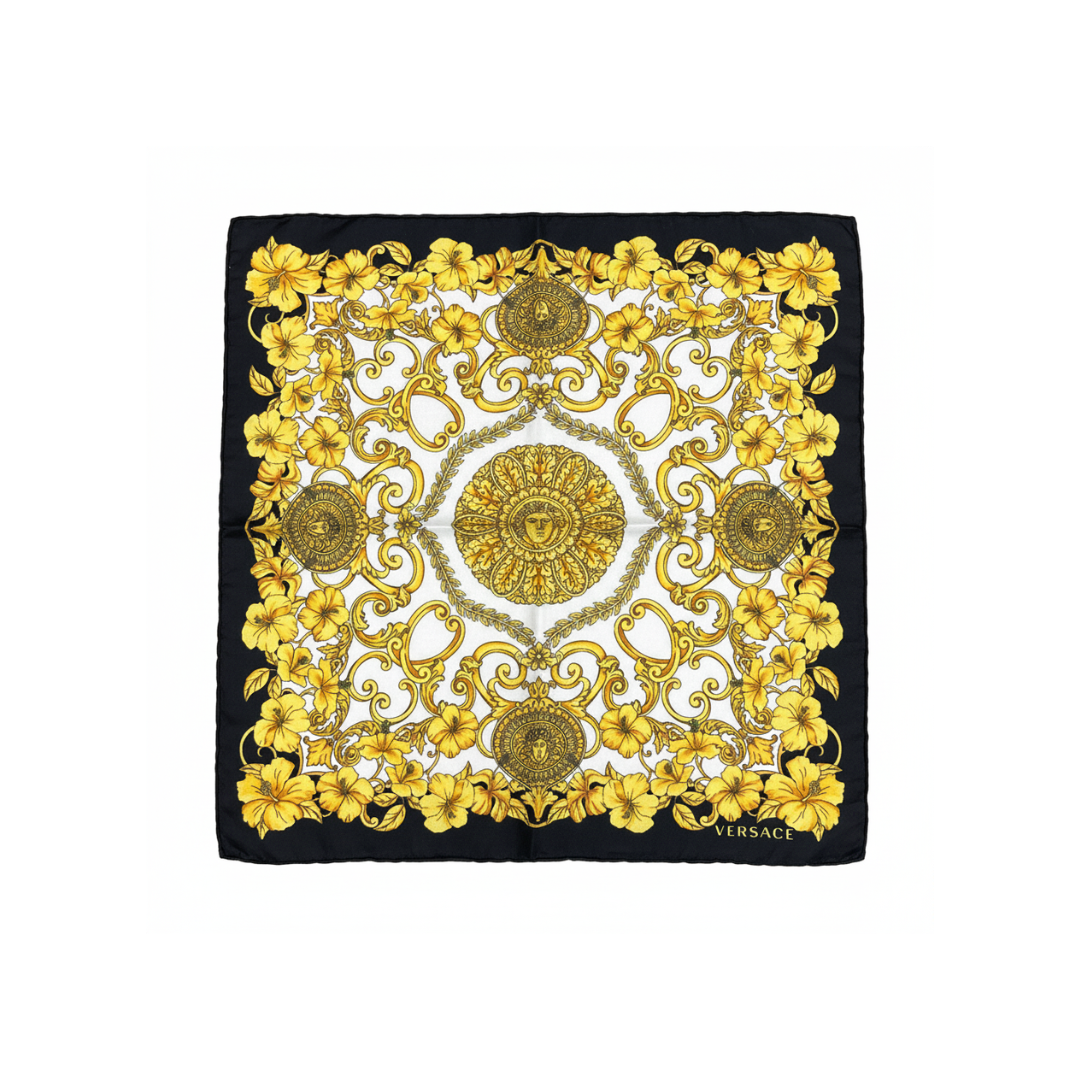 Versace handkerchief featuring ornate gold baroque print available at Lestyle Boutique Melbourne