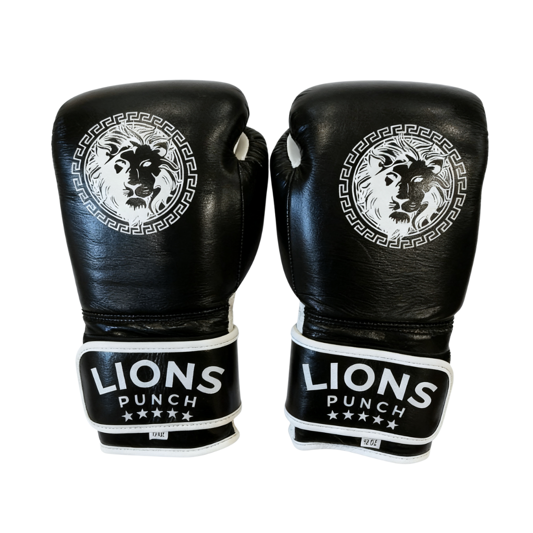 Lions Punch boxing gloves featuring lion logo, black leather, available at Lestyle Boutique Melbourne