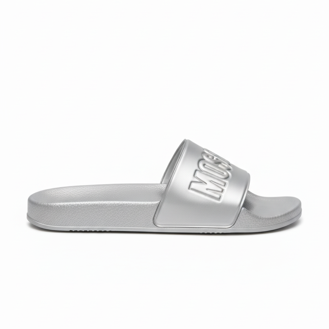 MOSCHINO slides featuring a metallic logo-embossed strap, available at Lestyle Boutique Melbourne