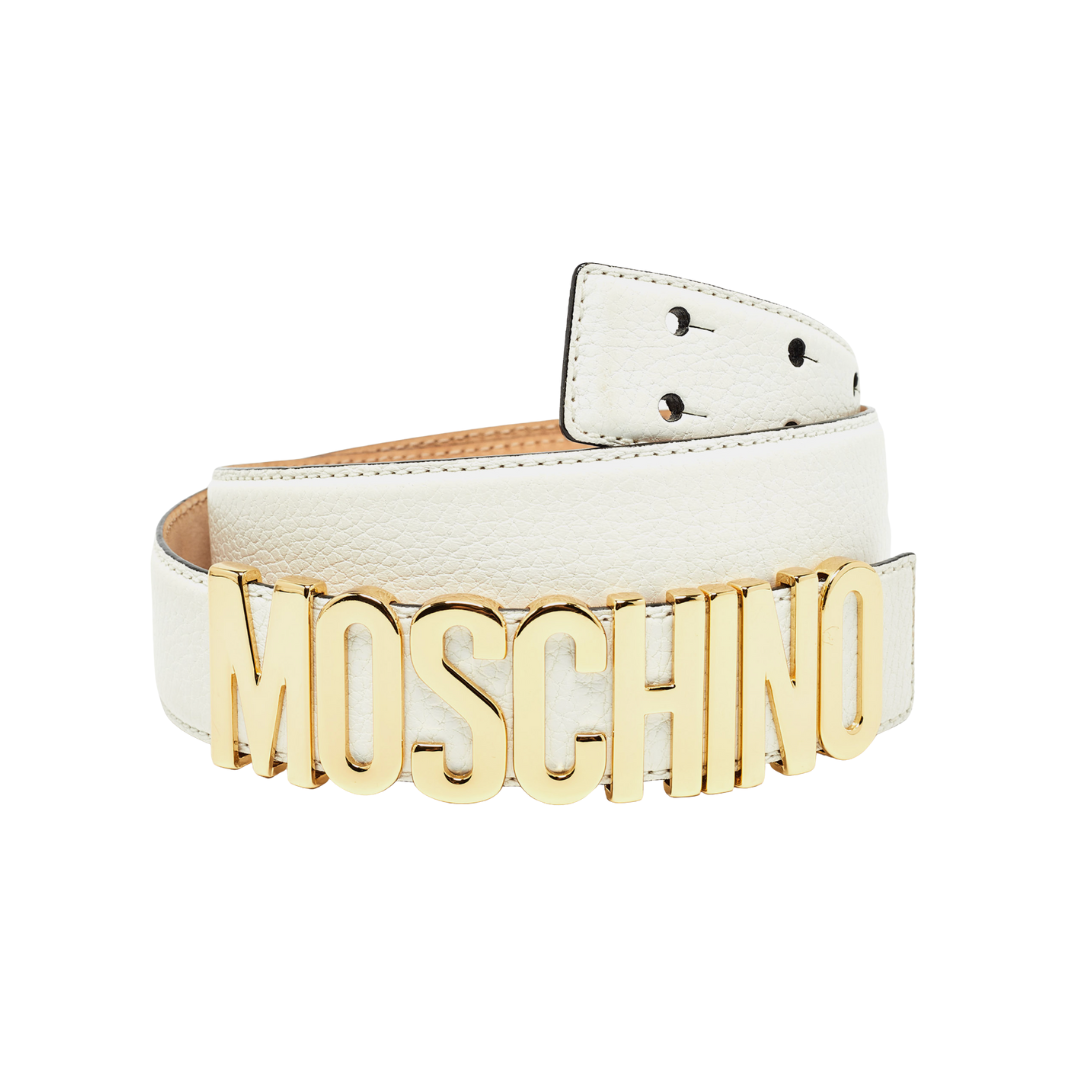 MOSCHINO BELT featuring oversized gold logo lettering available at Lestyle Boutique Melbourne