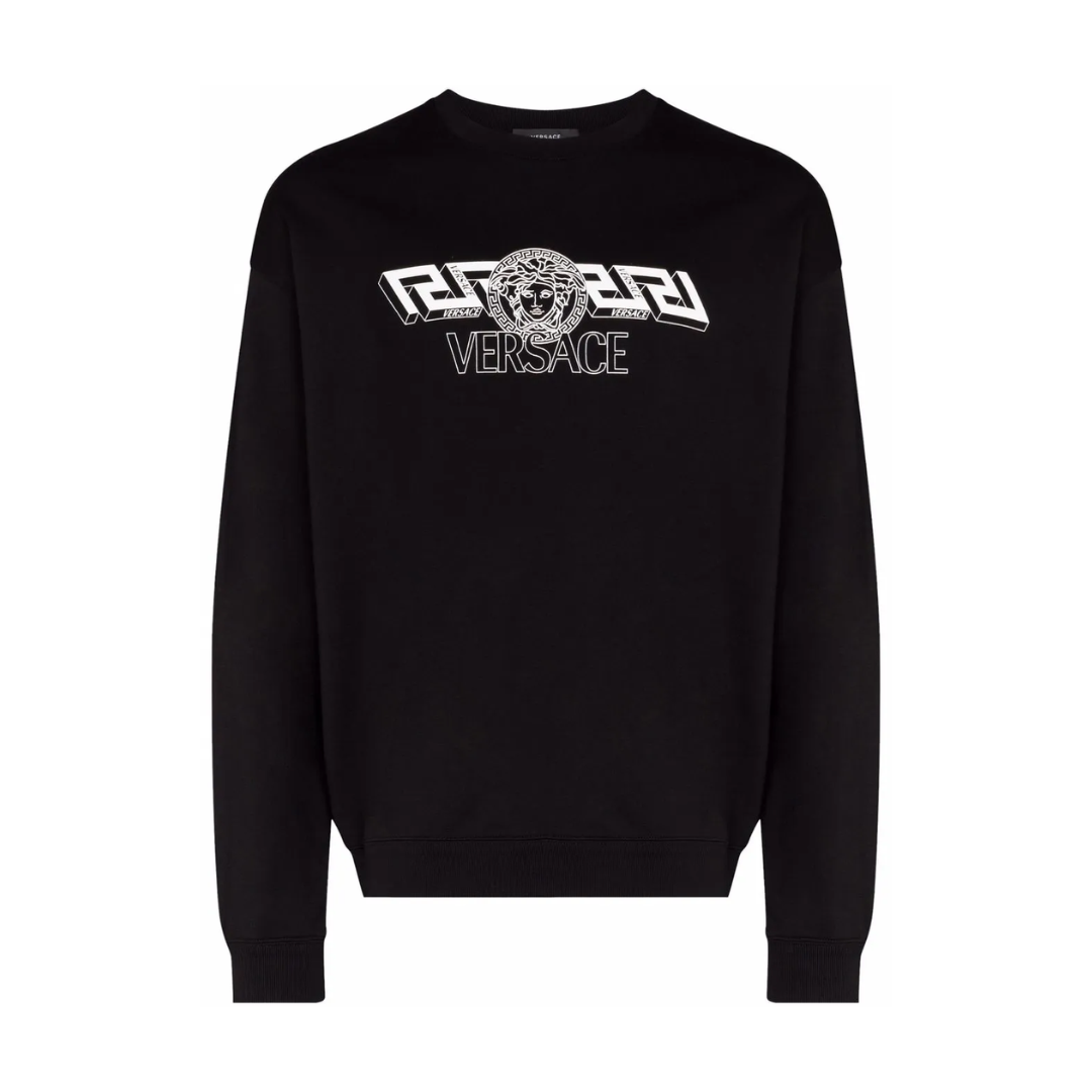 Versace logo-print cotton sweatshirt with bold logo detailing, black, 80s-inspired aesthetic, available at Lestyle Boutique Melbourne