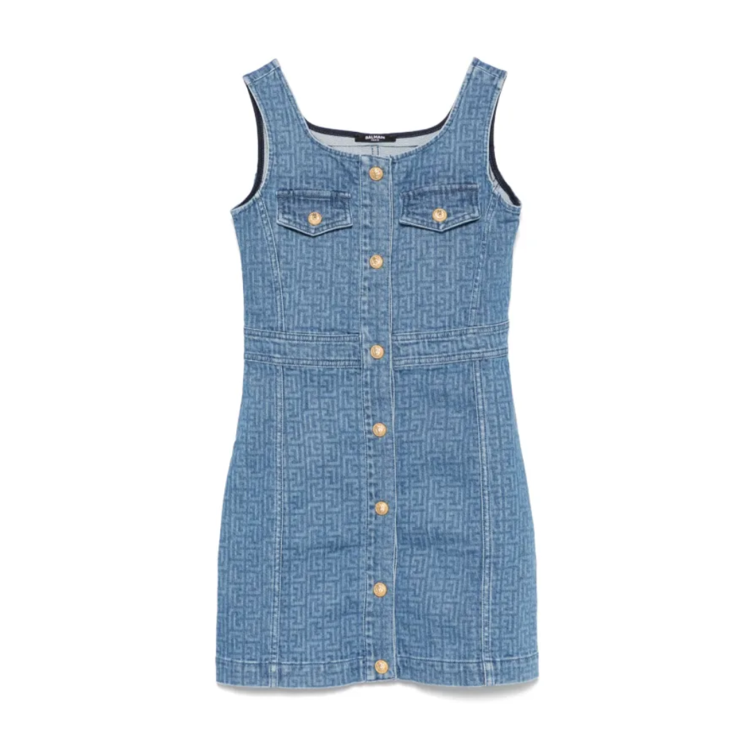 Balmain Kids logo-print denim dress with front button fastening available at Lestyle Boutique Melbourne