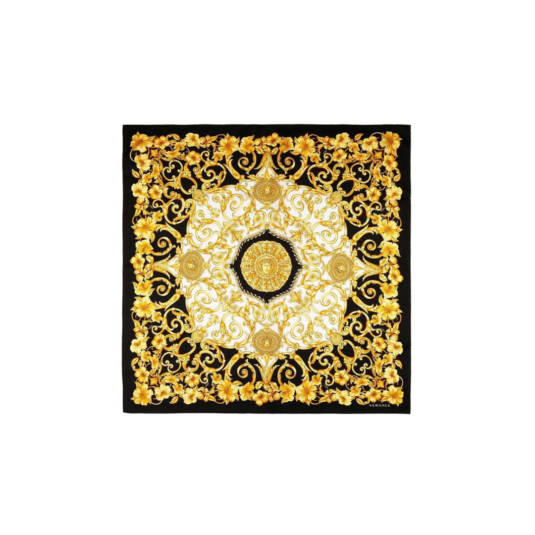 Versace silk scarf featuring ornate gold baroque pattern available at Lestyle Boutique Melbourne