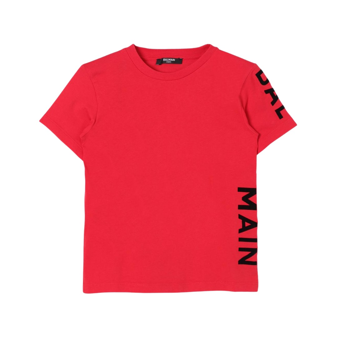 BALMAIN T-SHIRT featuring bold black logo on the sleeve available at Lestyle Boutique Melbourne