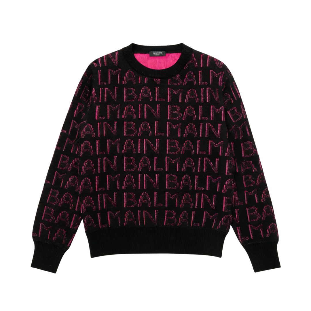 BALMAIN SWEATER featuring all-over pink BALMAIN logo lettering available at Lestyle Boutique Melbourne