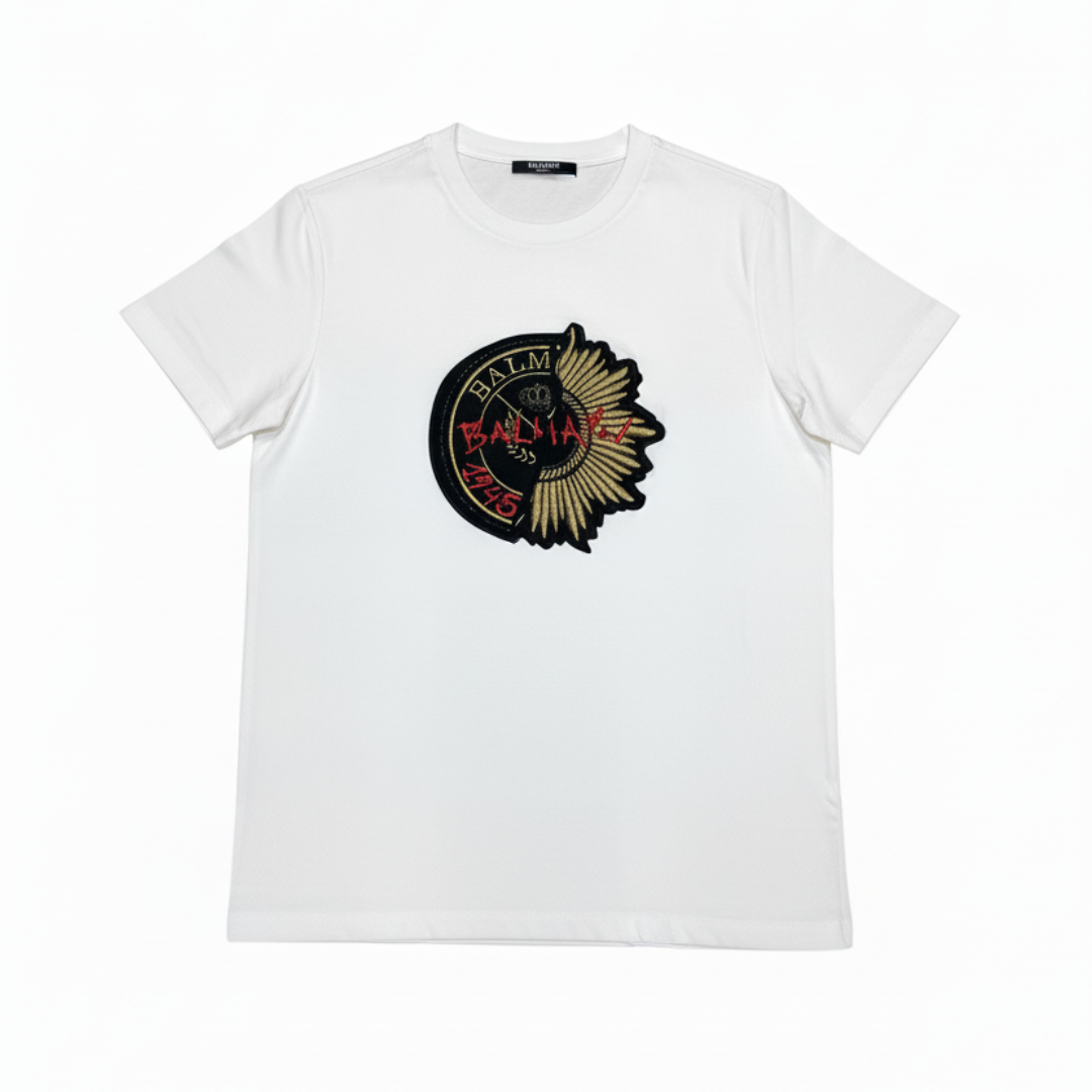 BALMAIN T-Shirt featuring winged crest embroidery available at Lestyle Boutique Melbourne
