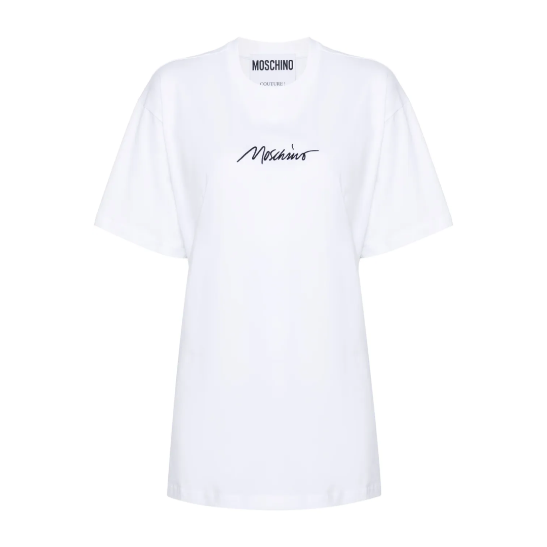 Moschino logo-embroidered cotton T-shirt featuring a cursive front logo, white, available at Lestyle Boutique Melbourne