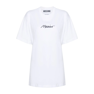 Moschino logo-embroidered cotton T-shirt featuring a cursive front logo, white, available at Lestyle Boutique Melbourne