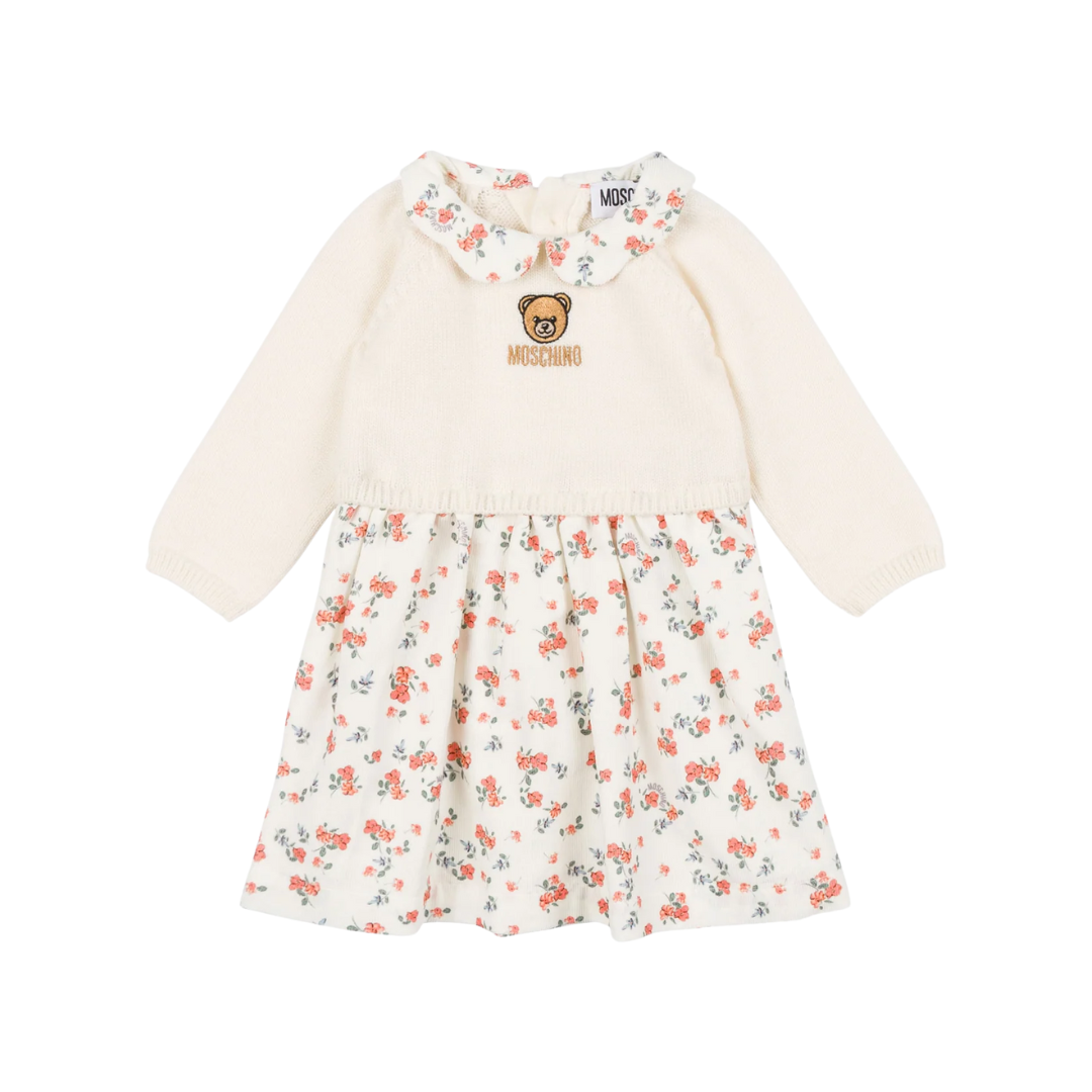 MOSCHINO shaved knit and printed velvet dress featuring bear embroidery available at Lestyle Boutique Melbourne