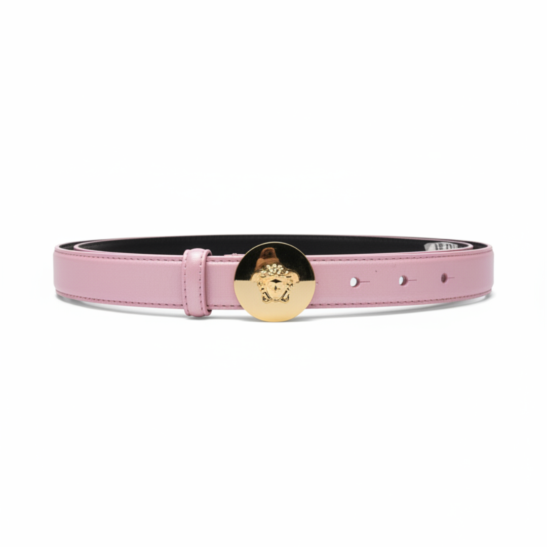 Versace belt featuring Medusa buckle in pink leather, 2 cm wide, available at Lestyle Boutique Melbourne