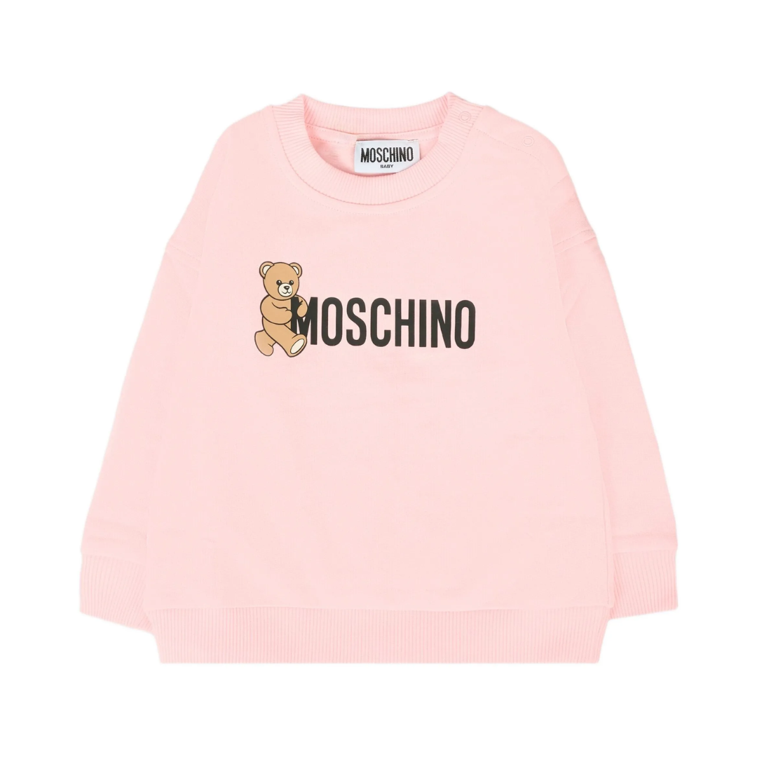 MOSCHINO KIDS teddy-logo sweatshirt in pink featuring teddy bear graphic available at Lestyle Boutique Melbourne