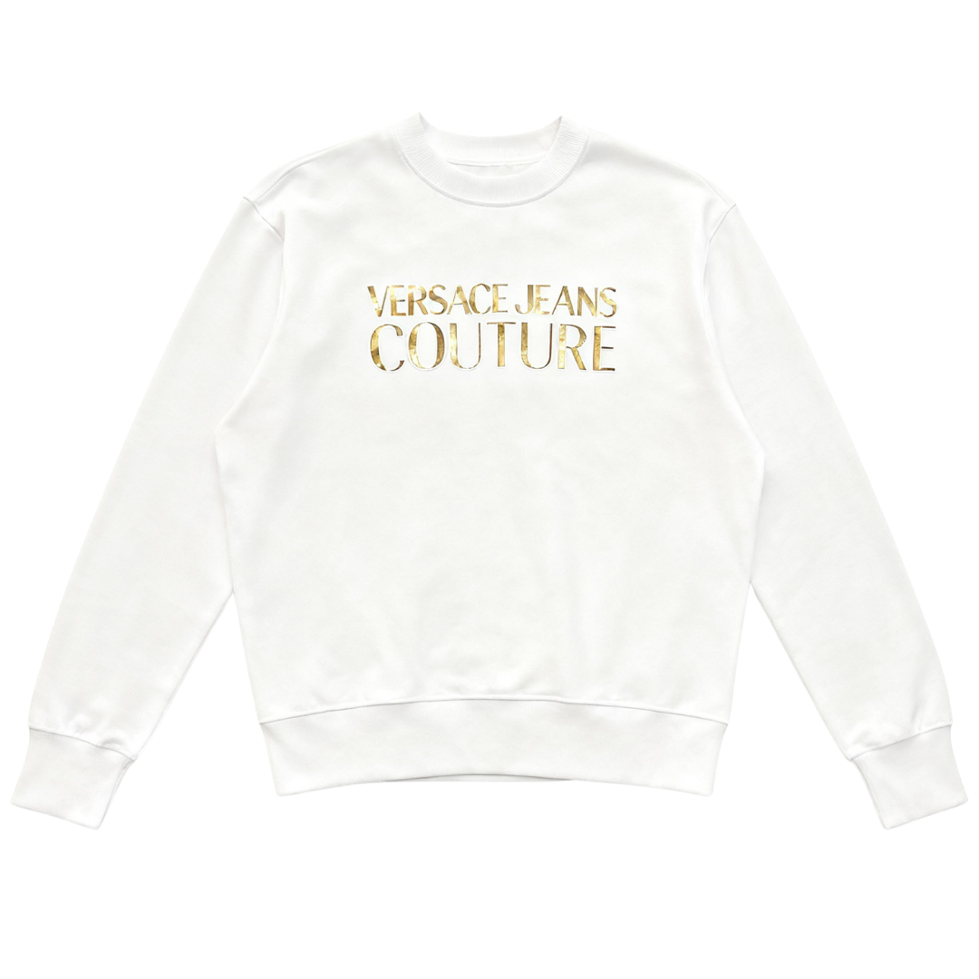 Versace Jeans Couture white sweatshirt with metallic gold logo, available at Lestyle Boutique Melbourne